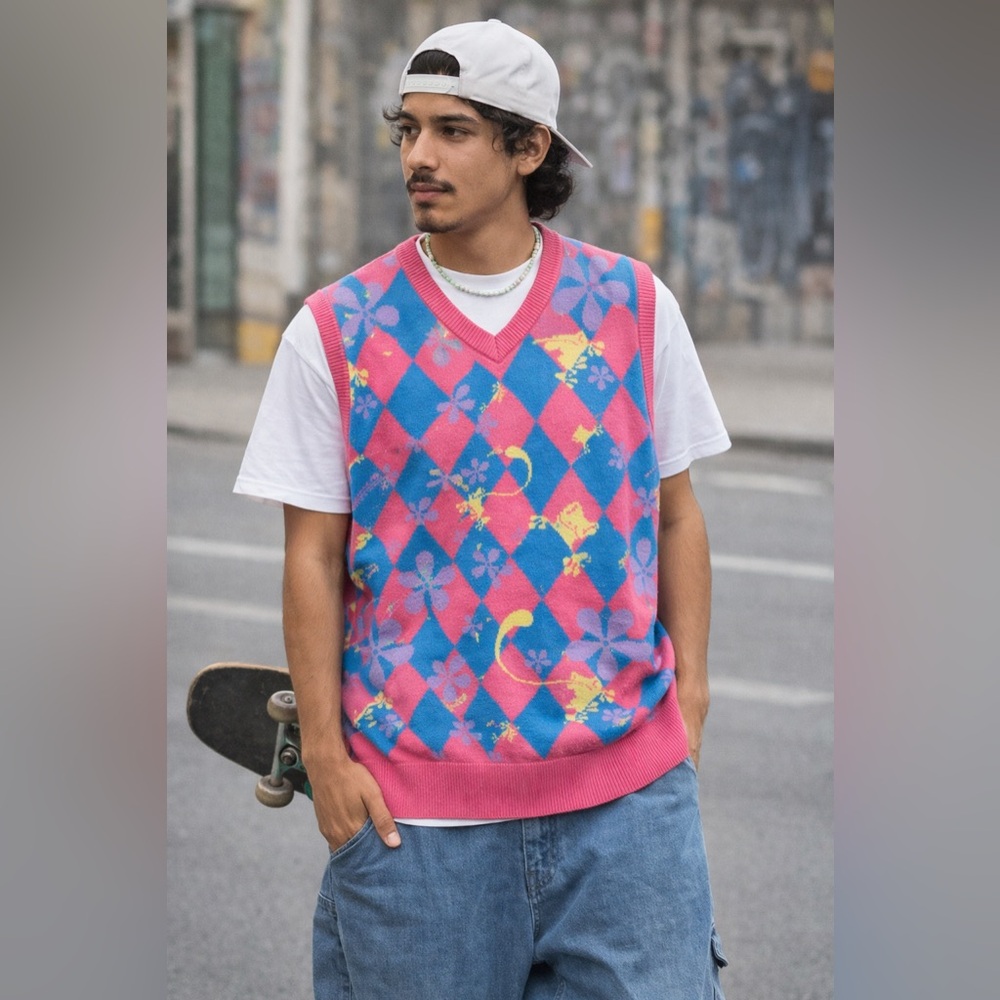 a.Lab Argyle Graphic Sweater Vest XL Pink Blue Y2K Streetwear Skater Frog Retro